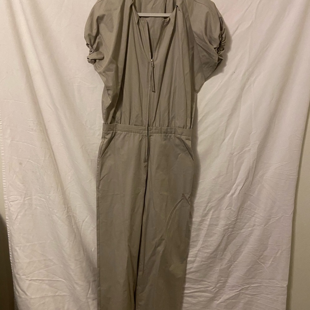 Zara Tan Jumpsuit with Puffed Sleeves and Defined Waist